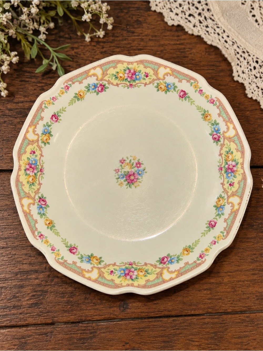 Vintage Floral Scalloped Bowl 8” Pink Blue Yellow Roses Shabby Cottage China